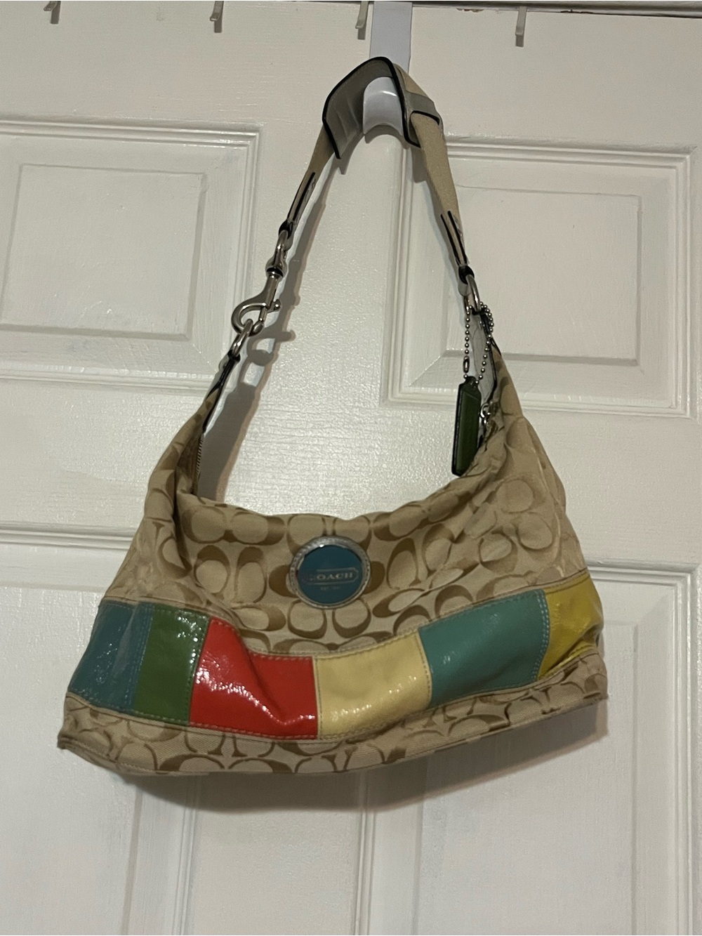 Coach Beige Signature Hobo with Multicolor Patent Stripe